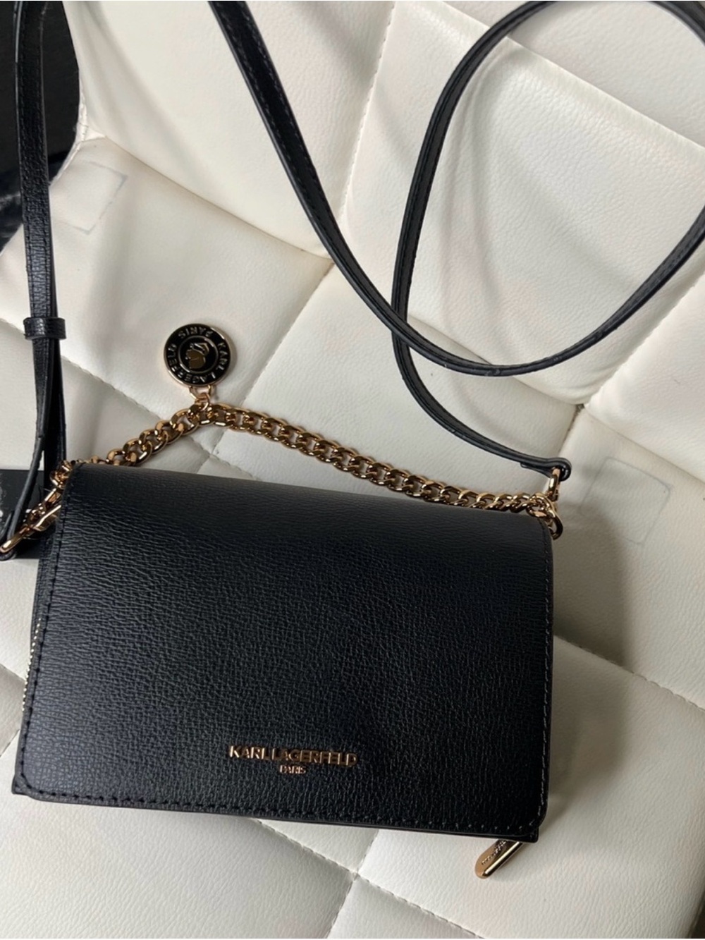 Karl Lagerfeld Black Leather Crossbody with Gold Chain
